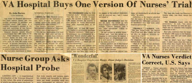 С середины 1976 г в американских средствах массовой информации развернулась компания в защиту Перез и Нарсисо.       Освобождение Филипины Нарсисо и Леонор Перез из-под стражи под залог подавалось как триумф справедливости и здравого смысла. Дамочки, явно действовашие по подсказке неких кукловодов, перешли в контрнаступление.      Они приняли участие в большом количестве разного рода демонстраций в собственную защиту. Мероприятия эти широко освещались средствами массовой информации - ну ещё бы! - такой инфоповод. Медсёстры с удовольствием давали интервью, хватались за микрофон, носили транспаранты и вообще деятельно торговали лицом.      К обеим приехали родители и их встреча в аэропорту тоже явилась темой для местных ТВ, газет и радиостанций.