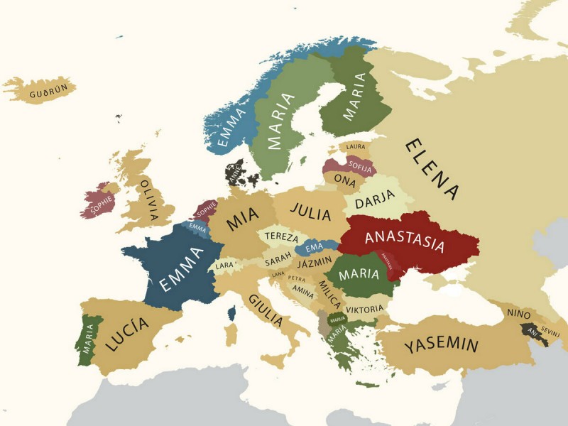 Карта самых популярных женских имен в Европе